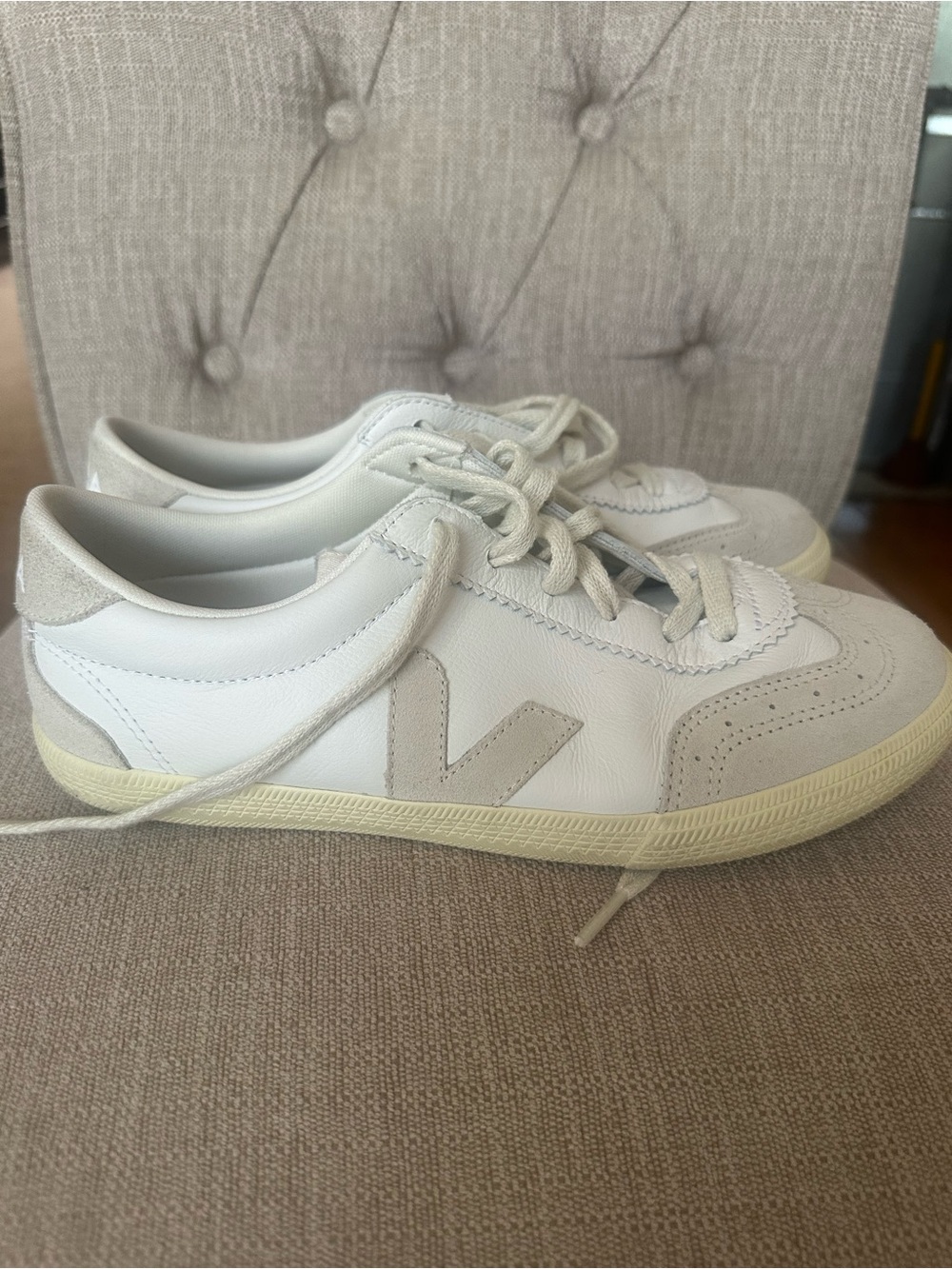 Veja White Leather Sneakers with Light Gray Suede Accents
